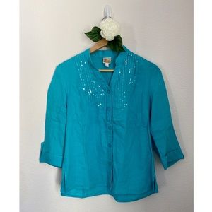 JM • Stunning Turquoise 100% Linen Sequence Pleated Buttoned Top